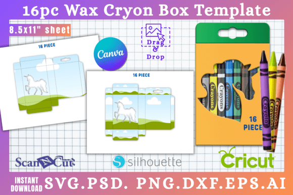 16pc Unicorn Cut out Crayon Box Template: Graphics for Canva