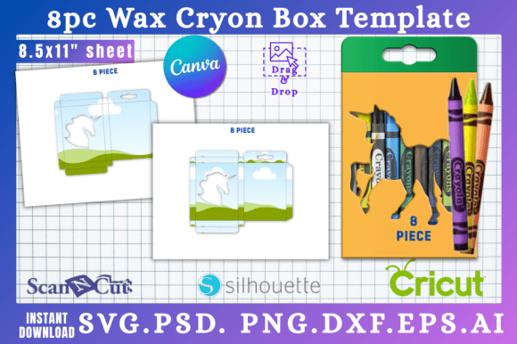 8pc Unicorn Cut Out Crayon Box Template: Graphics for Canva