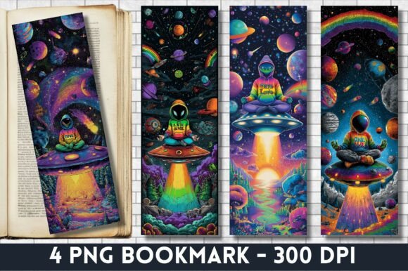 Alien Meditation UFO Space Bookmark PNG Graphics for Canva