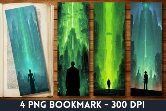 Neon Green Future City Sci-Fi Bookmark Graphics for Canva